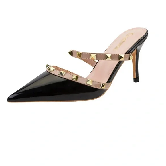 Black / beige two tone stud mules heels - Picture 3 of 4